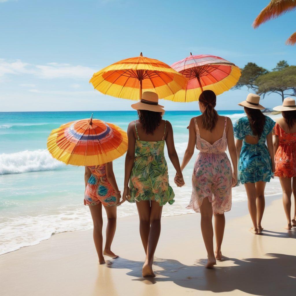 A vibrant beach scene showcasing a diverse group of people wearing stylish resort wear, featuring tropical prints and flowing fabrics. Include colorful beach umbrellas, a crystal-clear ocean in the background, and playful waves lapping at the shore. Infuse the atmosphere with a sense of leisure and enjoyment, while adding elements like sun hats, sunglasses, and beach bags. super-realistic. vibrant colors. cheerful summer vibes.